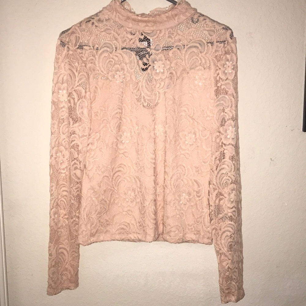BEBE Lace Mock Neck Top